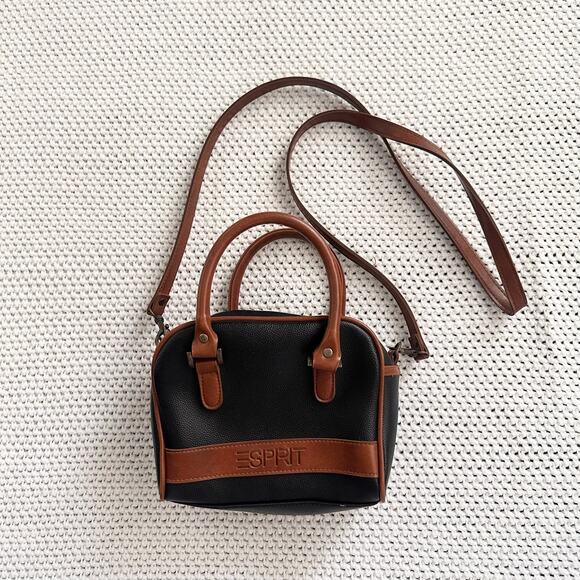 Esprit Handbags - Esprit Vintage Black Tan Faux Leather Top Handle Camera Zip Crossbody Bag Y2K